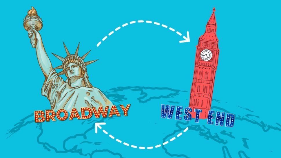 A graphic showcasing Broadway with the Statue of Liberty, and West End with the Big Ben.